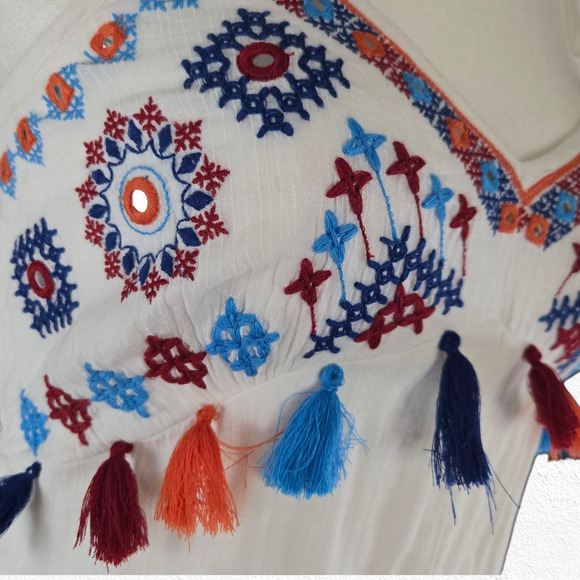 AREA Stars White Embroidered Handkerchief Tassel Boho Hi Low Dress Size Medium - Picture 8 of 13